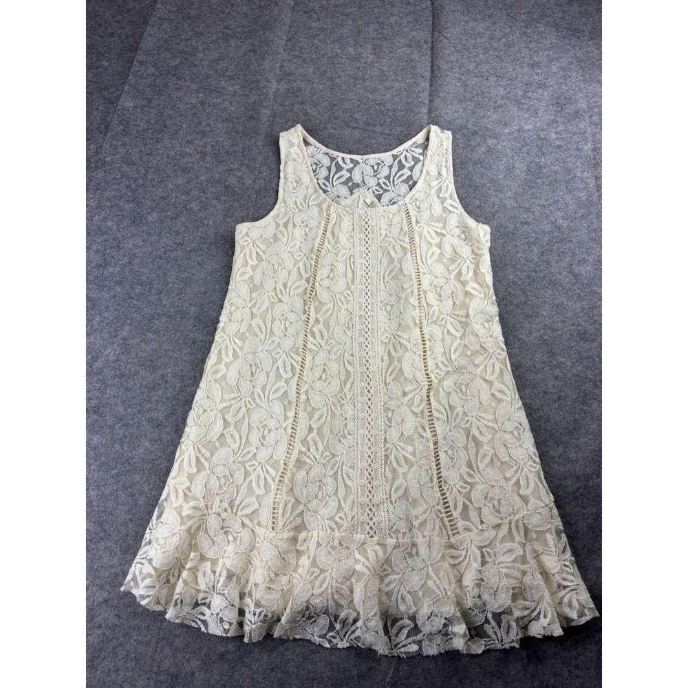 Kori‎ Cream Lined Lace Dress Floral Tank Mini Trapeze Fairy Boho Women's S